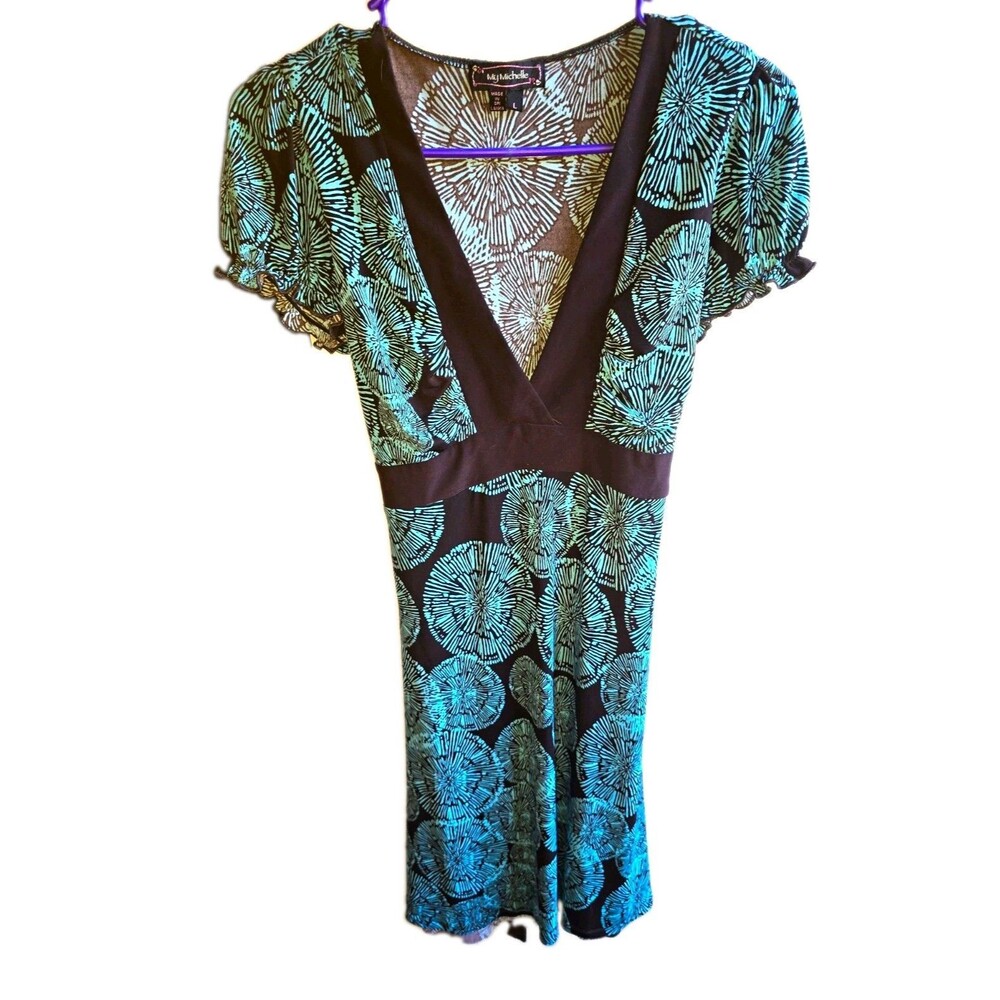 My Michelle Womens L Black Blue Knit Floral V-Neck Cap Sleeve Sheath Dress